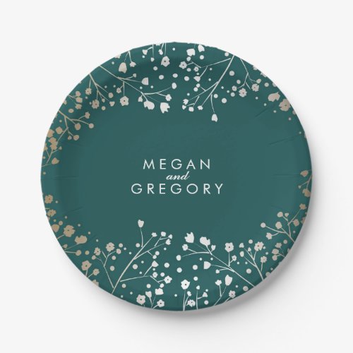 Teal and Gold Babys Breath Wedding Paper Plates