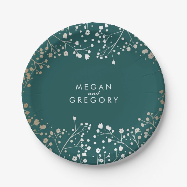 Teal and Gold Baby's Breath Wedding Paper Plates (Front)