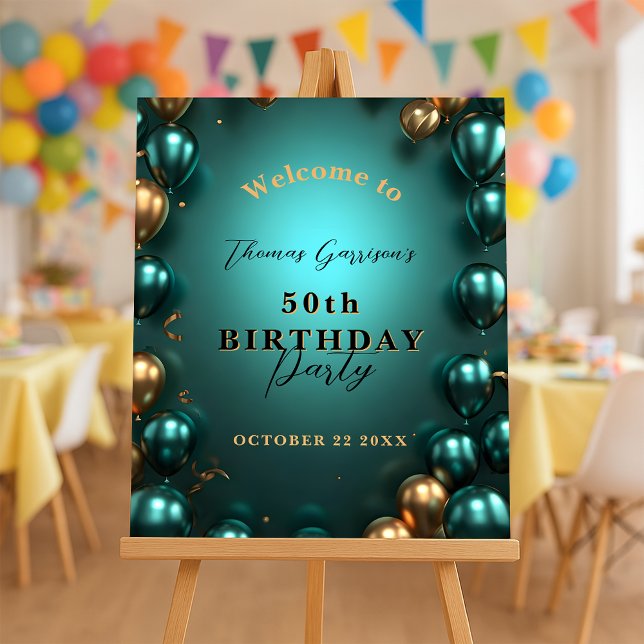 Teal and Gold Balloons 50th Birthday Welcome  Foam Board (Creator Uploaded)