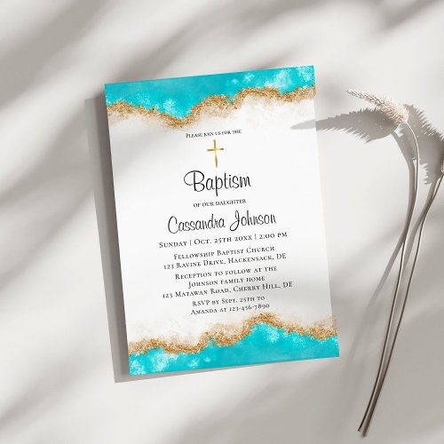 Teal and Gold Baptism Invitation