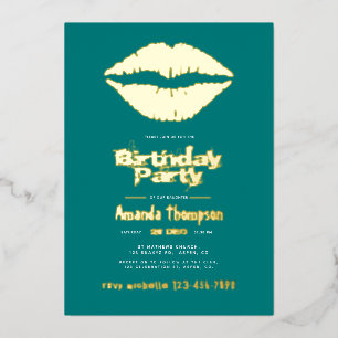 Teal and Gold Birthday Kiss Lips Foil Invitation