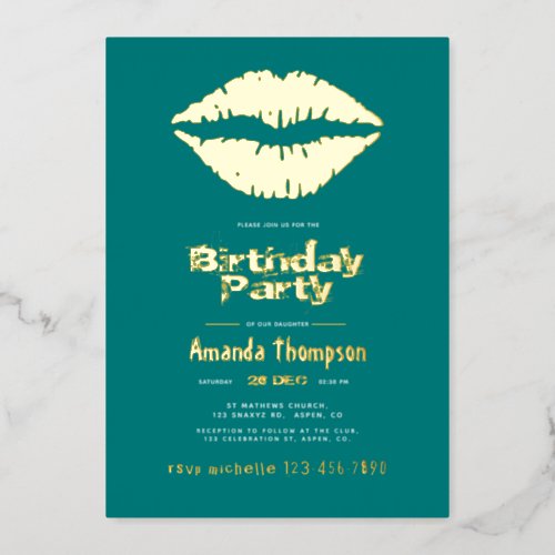 Teal and Gold Birthday Kiss Lips Foil Invitation