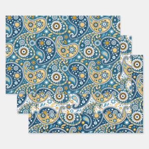 Teal and Gold Bohemian Paisley Print Pattern Wrapping Paper Sheets