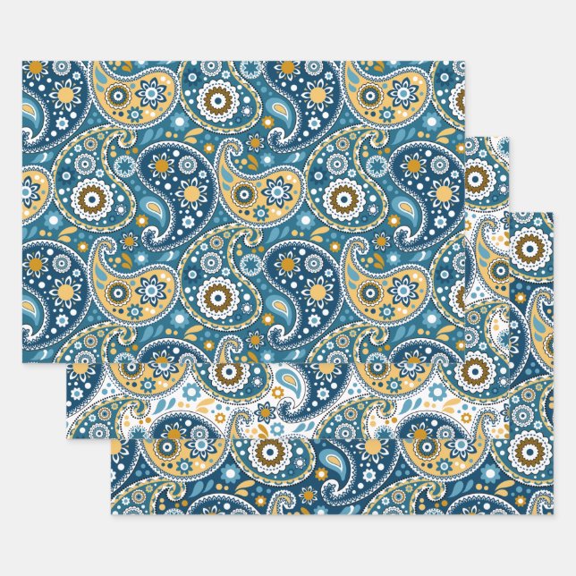 Teal and Gold Bohemian Paisley Print Pattern Wrapping Paper Sheets (Set)