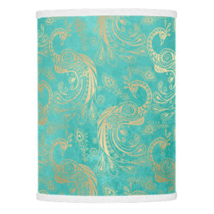 Teal and gold boho elegant peacock pattern lamp shade