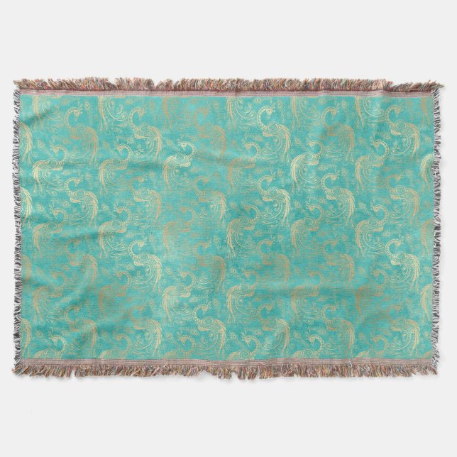 Teal and gold boho elegant peacock pattern  throw blanket (Front)