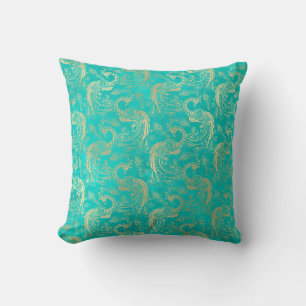 Teal and gold boho elegant peacock pattern throw pillow