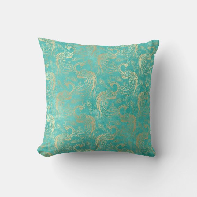 Teal and gold boho elegant peacock pattern  throw pillow (Front)