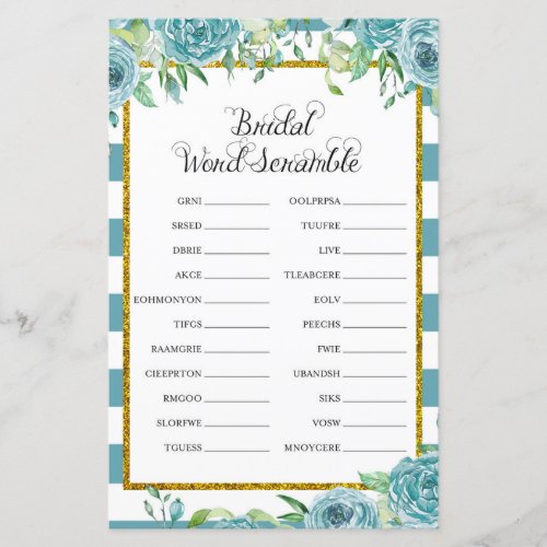 Teal and Gold Bridal Shower Game PRINTED