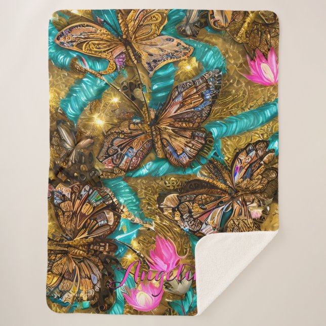Teal and Gold Butterflies Personalized Name Sherpa Blanket (Front)
