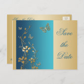 Teal and Gold Butterflies Save the Date Postcard (Front/Back)