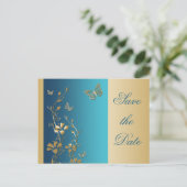 Teal and Gold Butterflies Save the Date Postcard (Standing Front)