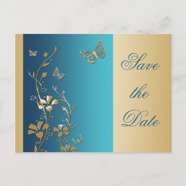 Teal and Gold Butterflies Save the Date Postcard (Front)