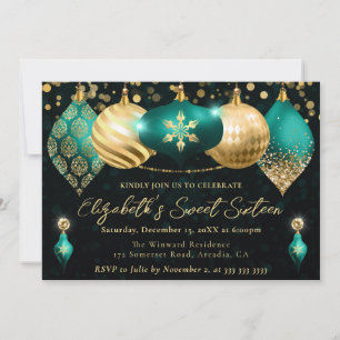 Teal and Gold Christmas Baubles Sweet 16 Invitation