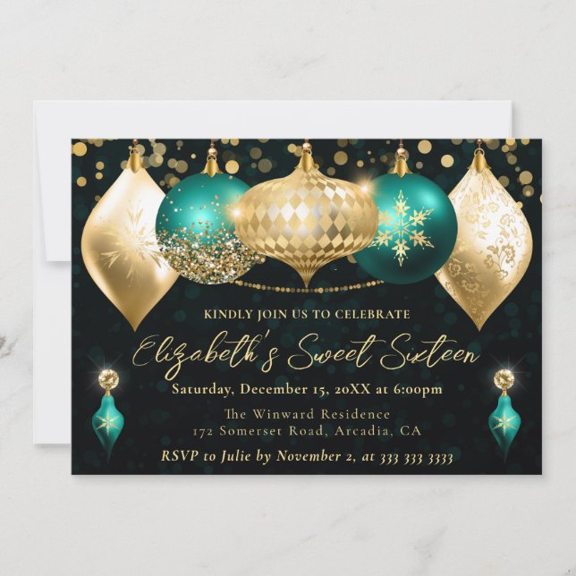 Teal and Gold Christmas Baubles Sweet 16 Invitation (Front)