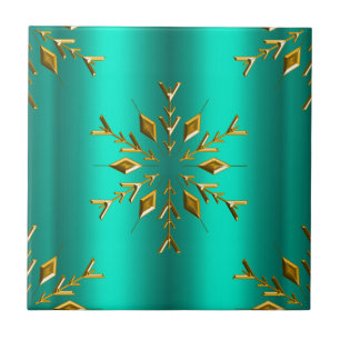 Teal and Gold Christmas Star Ceramic Tile