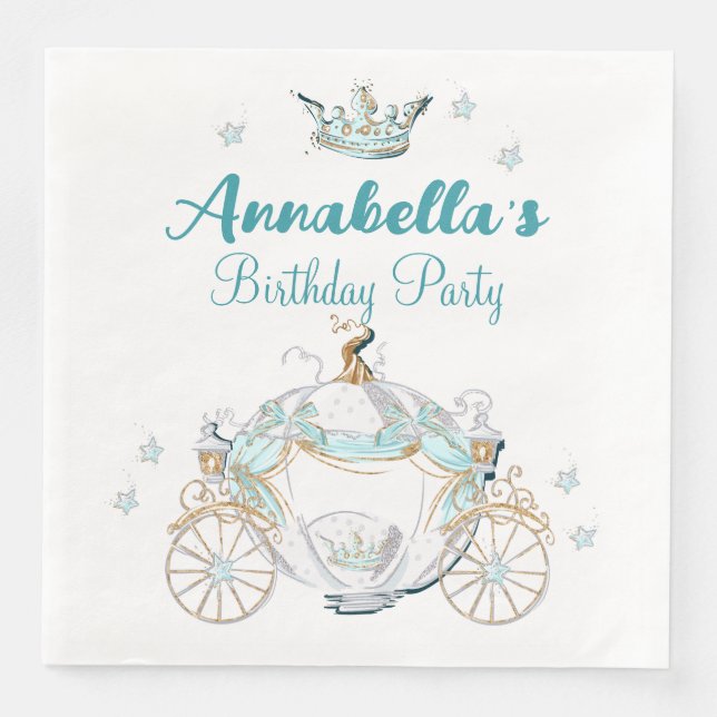 Teal and Gold Cinderella Princess Carriage Paper Dinner Napkins (Front)