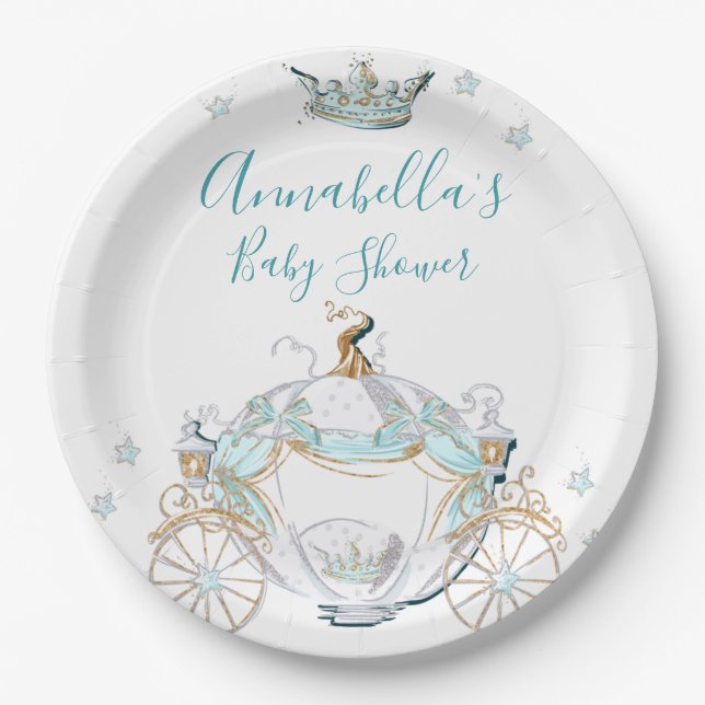 Teal and Gold Cinderella Princess Carriage Paper Plates (Front)