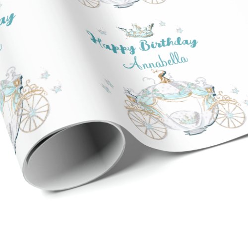Teal and Gold Cinderella Princess Carriage Wrapping Paper
