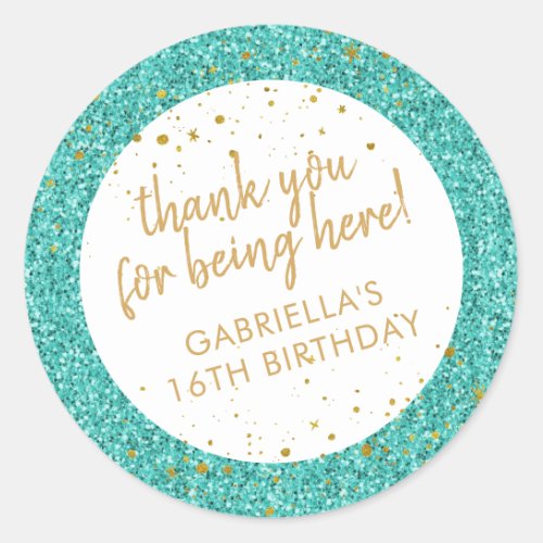Teal and Gold Confetti Glitter Thank You Favor Classic Round Sticker