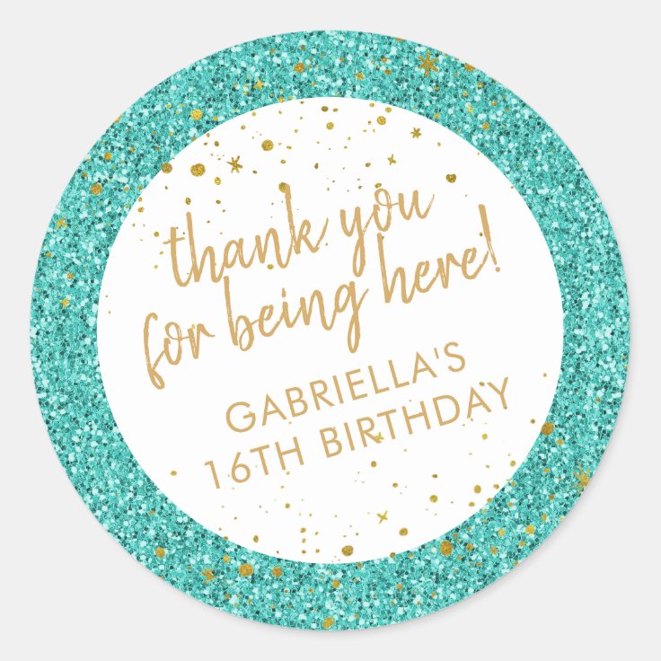 Teal and Gold Confetti Glitter Thank You Favor Classic Round Sticker ...