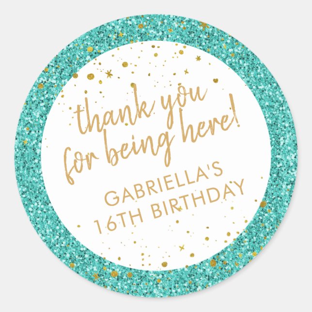Teal and Gold Confetti Glitter Thank You Favor Classic Round Sticker (Front)