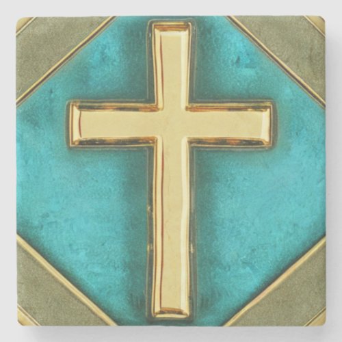 Teal and Gold Cross Marble Coaster