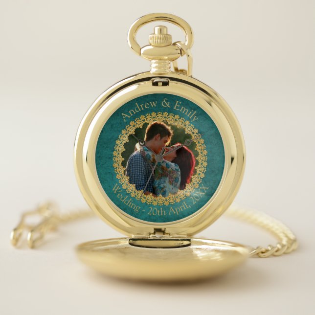 Teal and Gold Custom Photo Wedding Keepsake Pocket Watch (Inside)