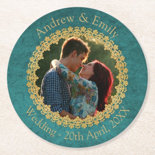 Teal and Gold Custom Photo Wedding Round Paper Coaster