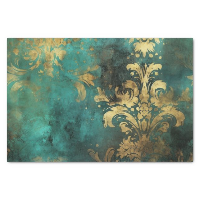 Teal and Gold Distressed Rustic Vintage Grunge Tissue Paper (Front)