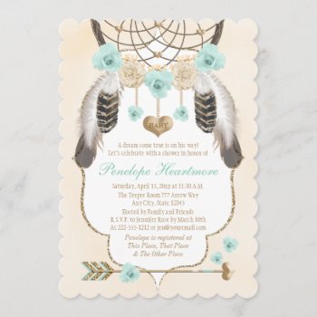 Teal And Gold Dreamcatcher Boho Baby Boy Shower Invitation by OccasionInvitations at Zazzle