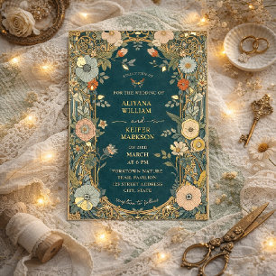 Teal and Gold Elegant Art Nouveau Floral Wedding Foil Invitation