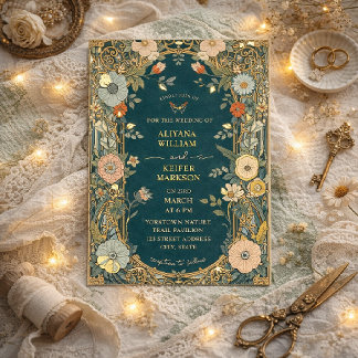 Teal and Gold Elegant Art Nouveau Floral Wedding Foil Invitation