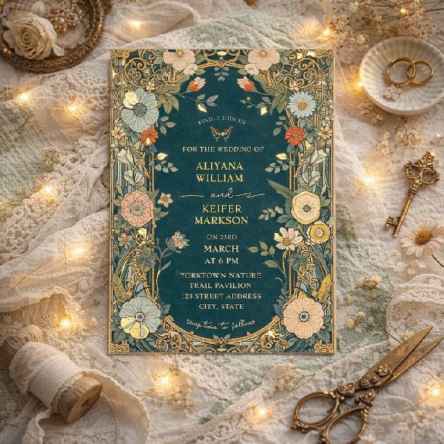 Teal and Gold Elegant Art Nouveau Floral Wedding Foil Invitation (Creator Uploaded)