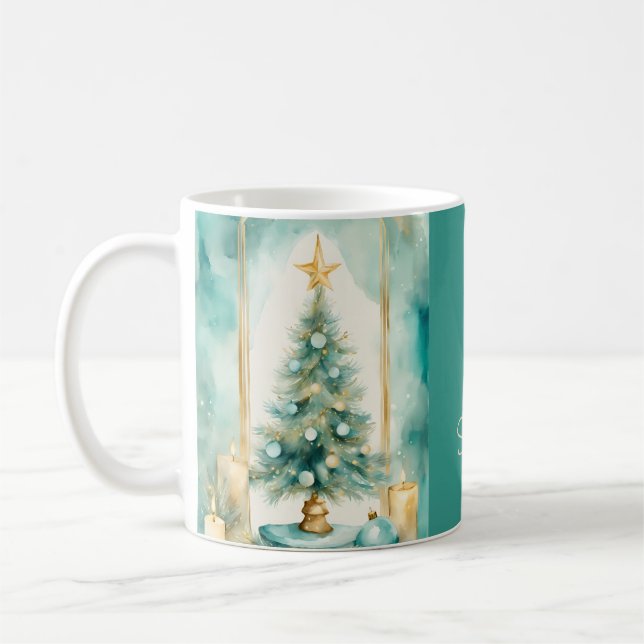 Teal and Gold Elegant Christmas Tree with Candles Coffee Mug (Left)