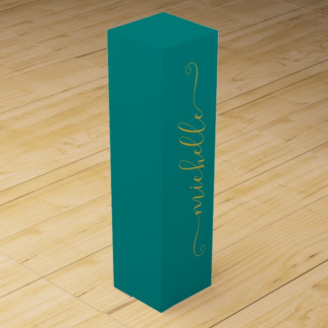 Teal and Gold Elegant Typography Wine Box (Front)