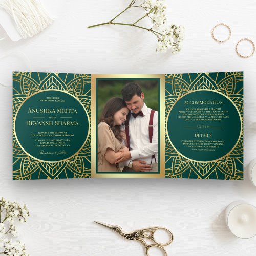 Teal and Gold Ethnic Mandala Indian Wedding Tri_Fold Invitation
