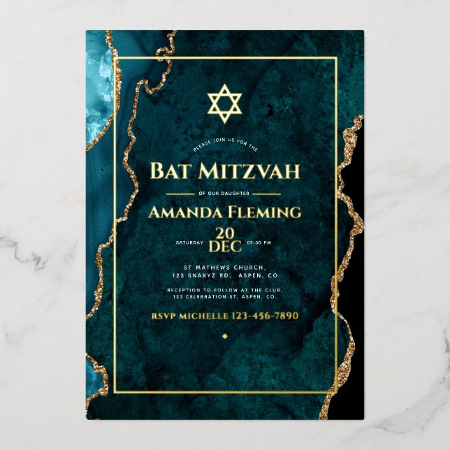 Teal and Gold Faux Agate Bat Mitzvah Foil Invitation (Front)