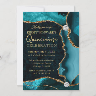 Teal and Gold Faux Glitter Agate Quinceanera Invitation