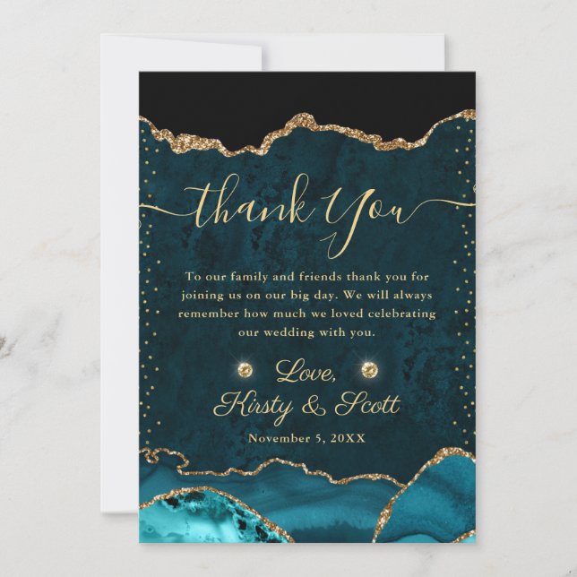 Teal and Gold Faux Glitter Agate Wedding Thank You Card (Front)