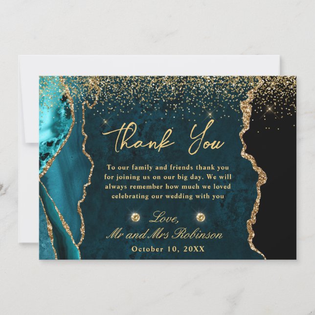 Teal and Gold Faux Glitter Marble Agate Wedding Thank You Card (Front)