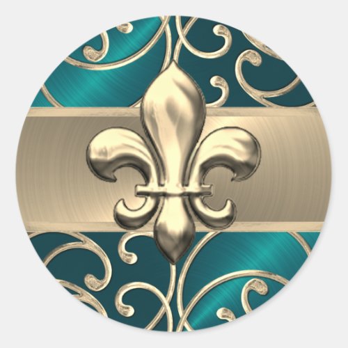 Teal and Gold Filigree Swirls Fleur de Lis Classic Round Sticker