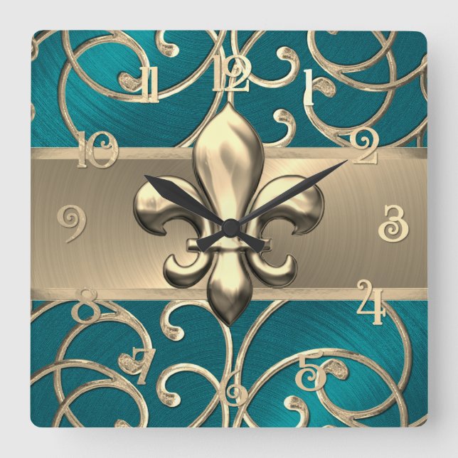 Teal and Gold Filigree Swirls Fleur de Lis Square Wall Clock (Front)