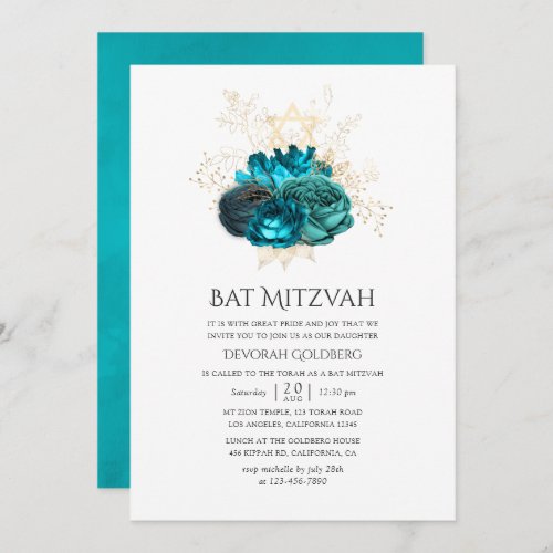 Teal and Gold Floral Bat Mitzvah Invitation