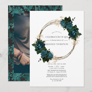 Teal and Gold Floral Celebration of Life Photo Inv Invitation