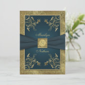 Teal and Gold Floral Monogram Wedding Invitation (Standing Front)
