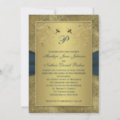 Teal and Gold Floral Monogram Wedding Invitation (Back)