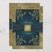 Teal and Gold Floral Monogram Wedding Invitation (Front/Back)