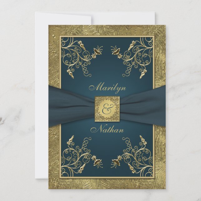 Teal and Gold Floral Monogram Wedding Invitation (Front)