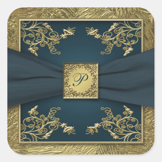 Teal and Gold Floral Monogram Wedding Sticker (Front)